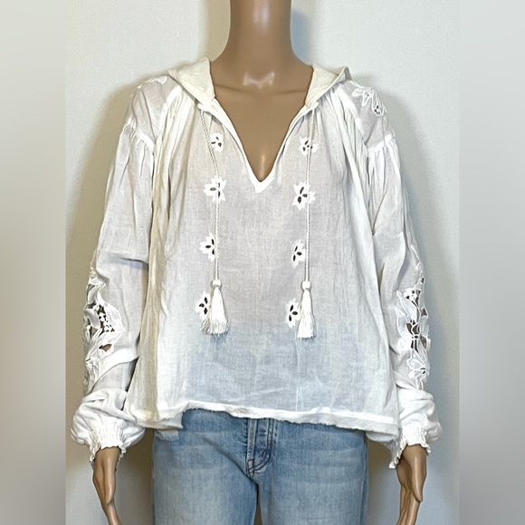 Free People Tops - Free People Gauze Embroidered Hooded Blouse Sz:S